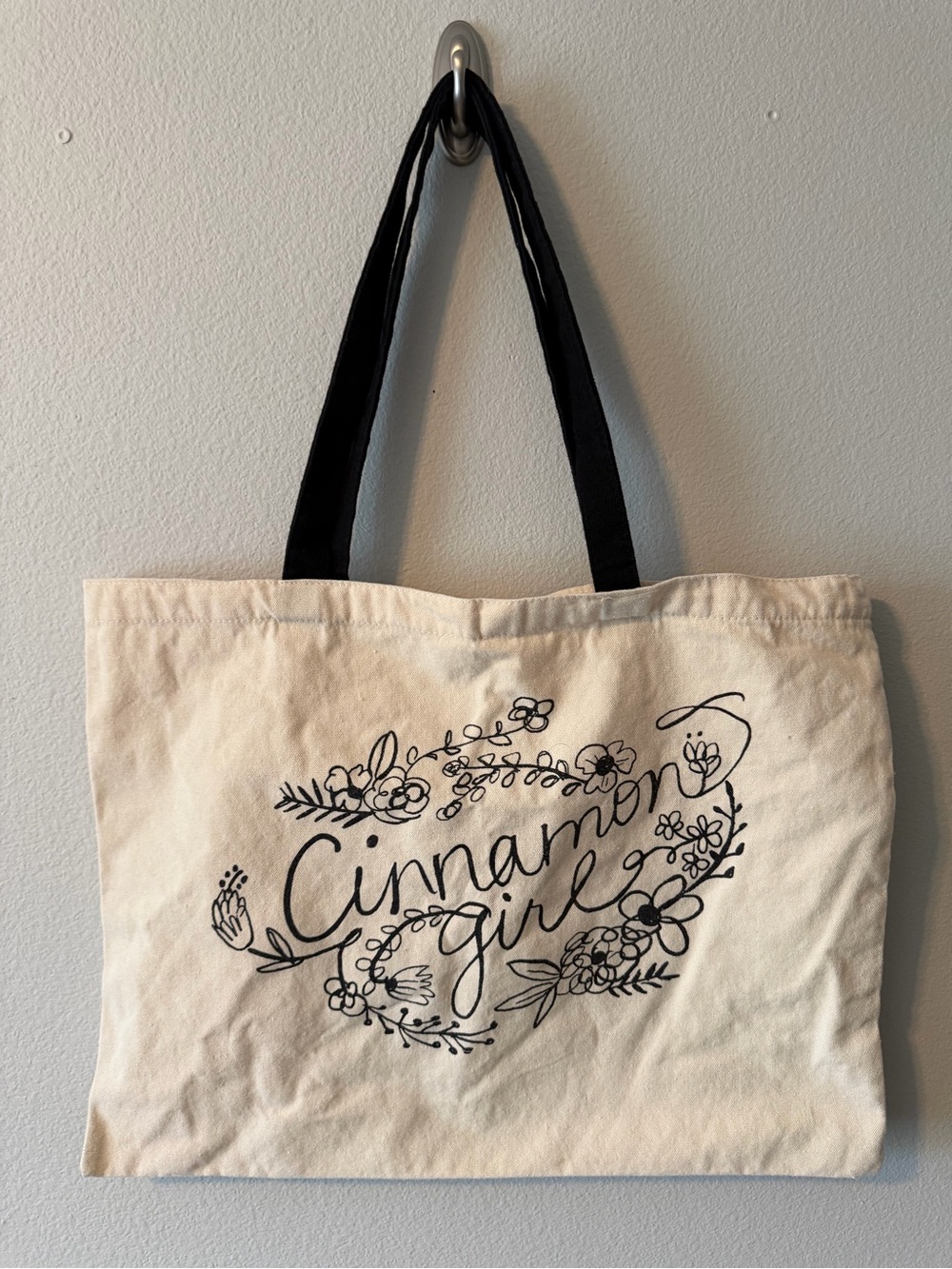 Cinnamon Girl Canvas Tote Bag in Cream with Black Handles